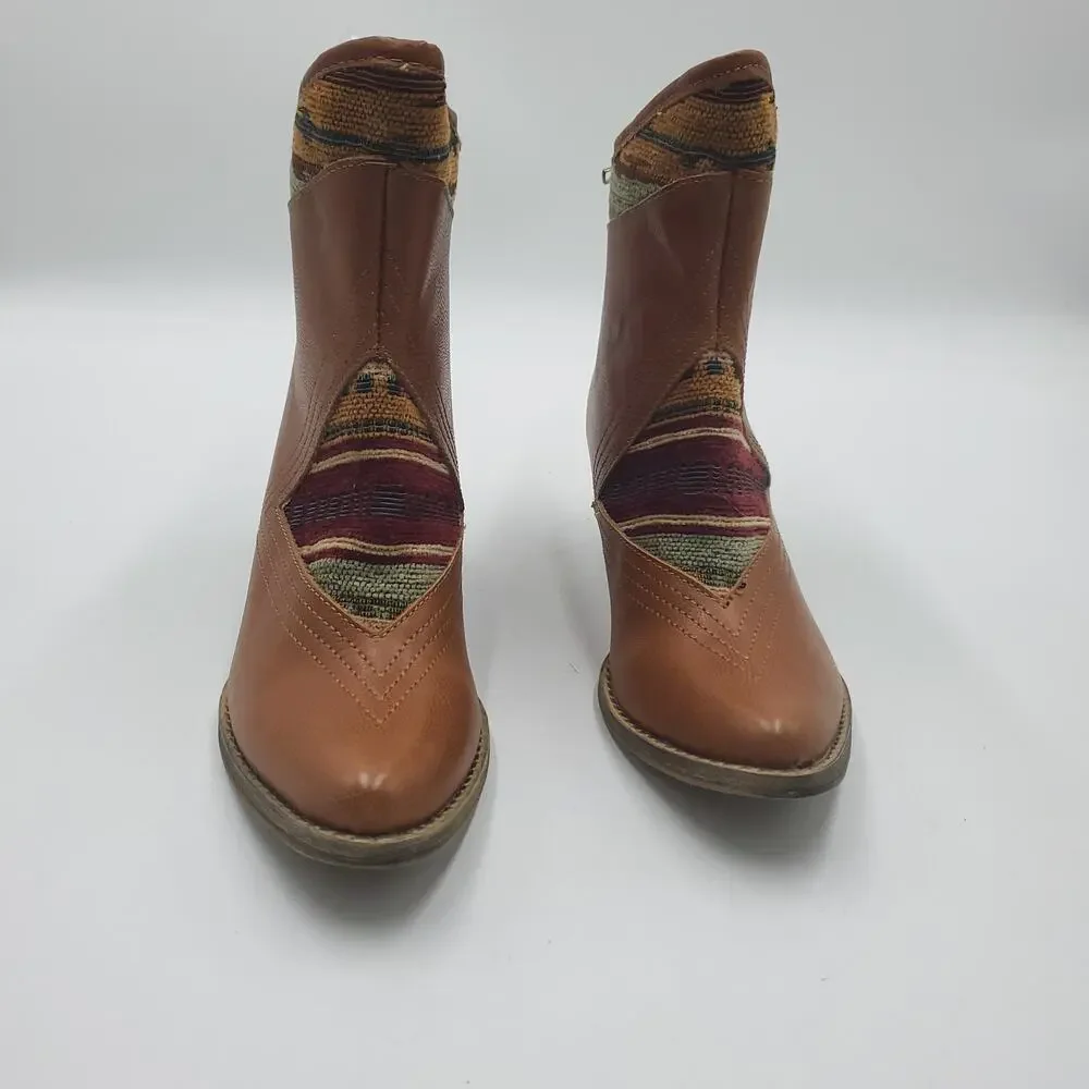 Sbicca Cognac Booties with Aztec Print Fabric Western Booties Size 6
